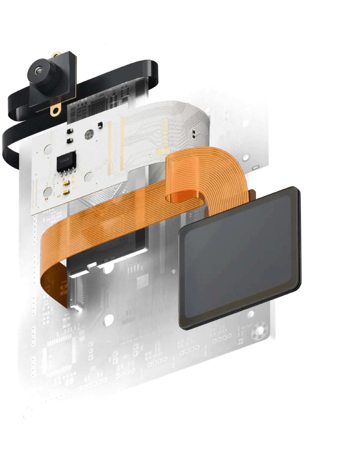Exploded 3D view of a precision electronic assembly with camera and orange ribbon cables