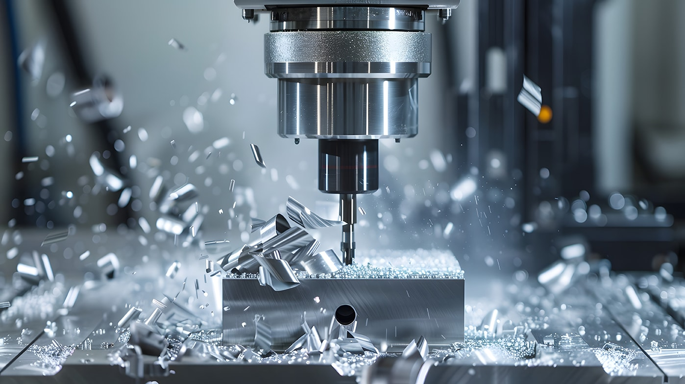 CNC machine spindle cutting metal with coolant spray and chips flying