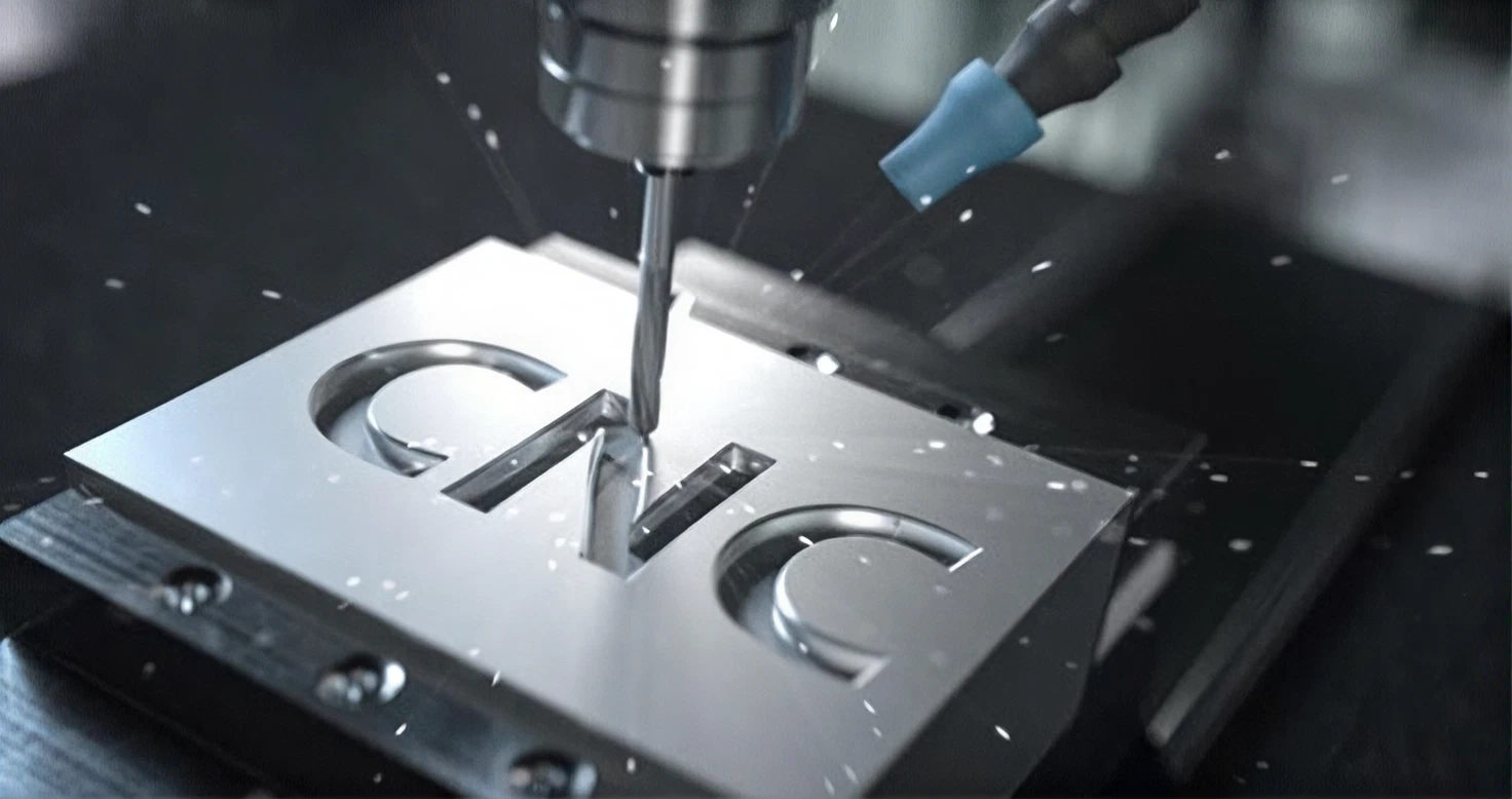 CNC milling tool bit engraving CNC into metallic aluminum block with flying sparks